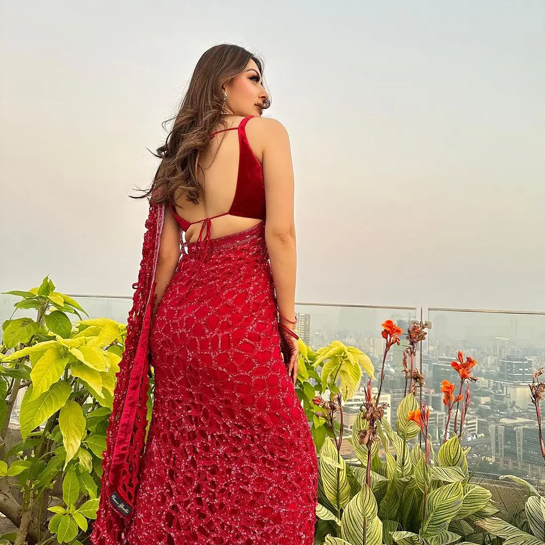 Indian Girl Hansika Motwani Red Saree Sleeveless Blouse